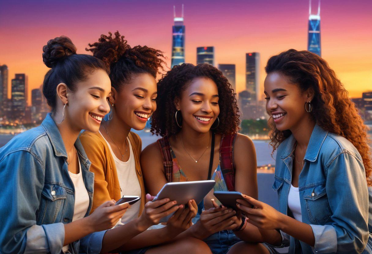 A diverse group of friends connecting through various online platforms on their devices, with glowing screens reflecting their joyful expressions. Incorporate elements representing different cultures and ages to emphasize inclusivity in modern relationships. The background features a vibrant city skyline at dusk, symbolizing connectivity. super-realistic. vibrant colors. urban atmosphere.