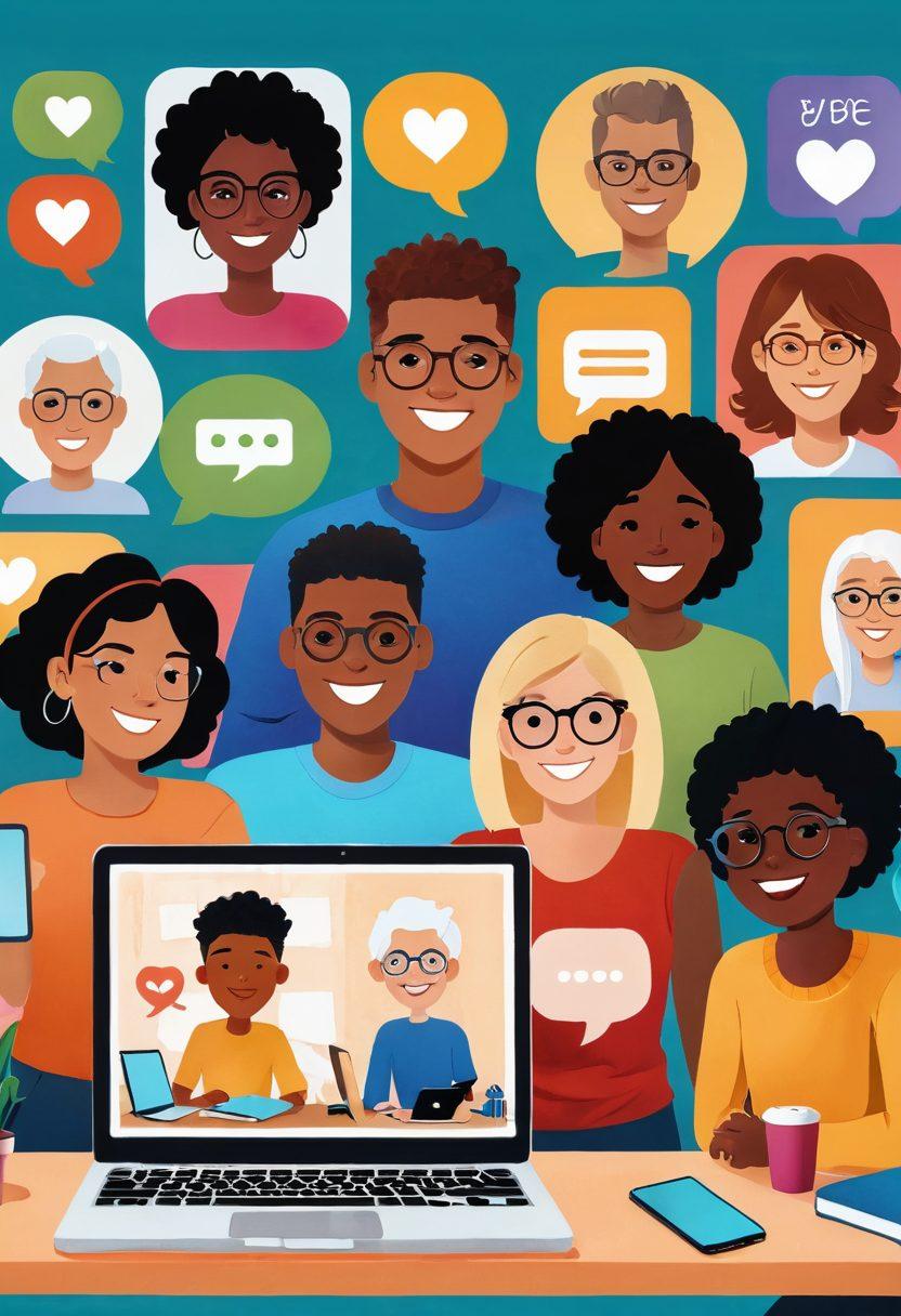 A heartwarming scene depicting a diverse group of people of various ages and backgrounds engaging in an online video call, smiles on their faces, surrounded by their computers and personal mementos. In the background, colorful speech bubbles with friendship and love quotes float, symbolizing emotional connections. The warmth of their interaction is emphasized with soft lighting and warm tones. Illustrate the essence of community, love, and friendship woven through screens. vibrant colors. super-realistic.