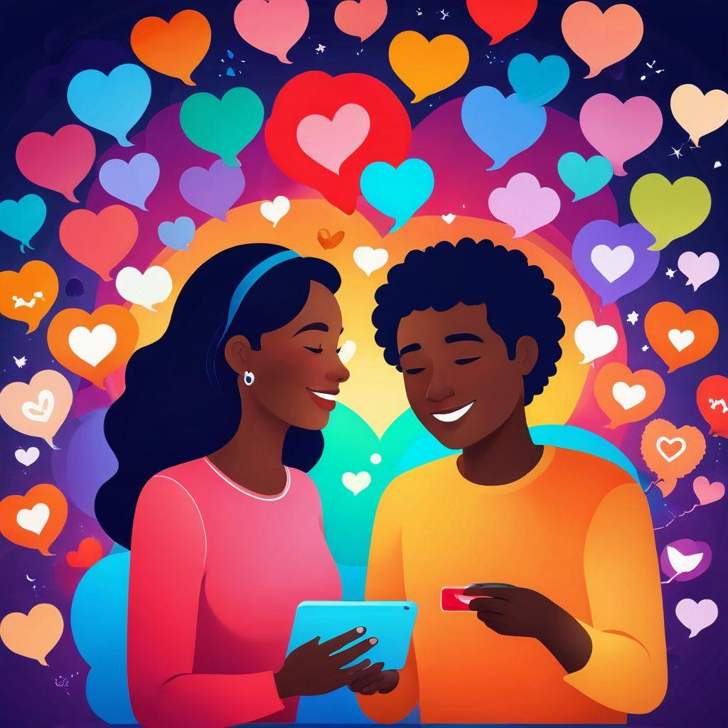 A whimsical depiction of a diverse couple engaging in a virtual matchmaking experience on a colorful digital platform, surrounded by icons representing emotional support like hearts, chat bubbles, and calming elements. Include a warm glow emanating from their devices, symbolizing connection. The background should be softly blurred to emphasize the couple's interaction. vibrant colors. digital art.